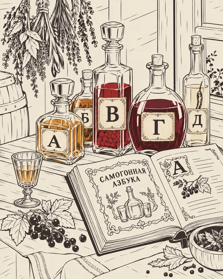 Гравюра: штофы с домашними настойками и раскрытая книга «Самогонная азбука»