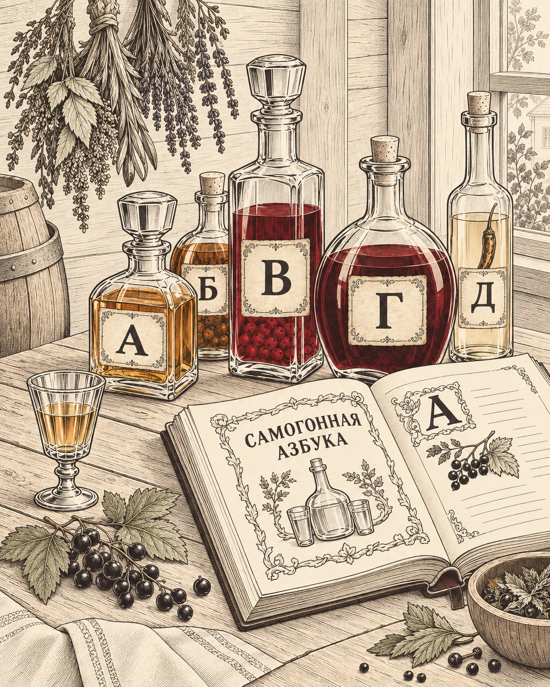 Гравюра: штофы с домашними настойками и раскрытая книга «Самогонная азбука»